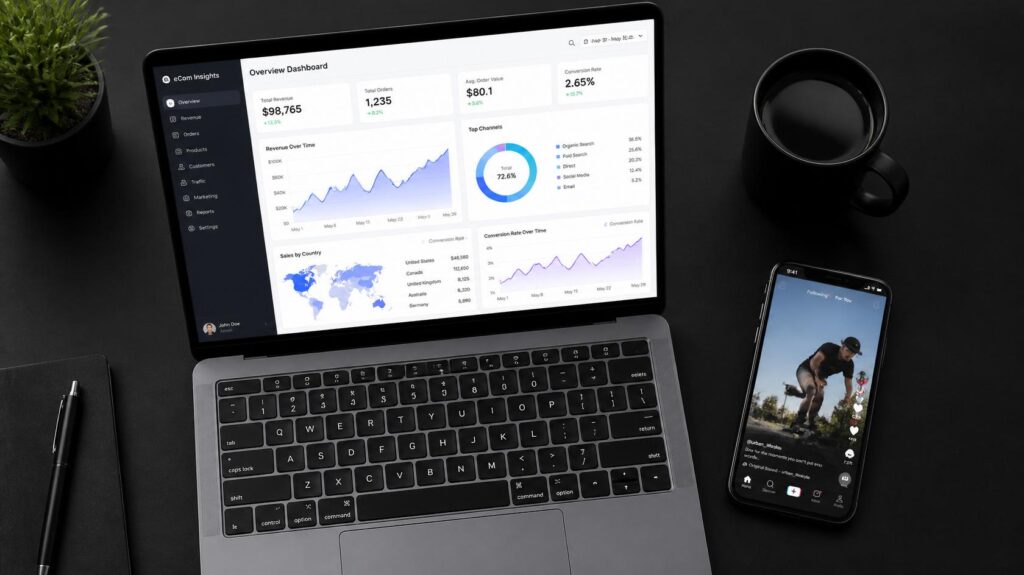 webshop marketing íróasztalról kezelve egy laptoppal és okostelefonnal